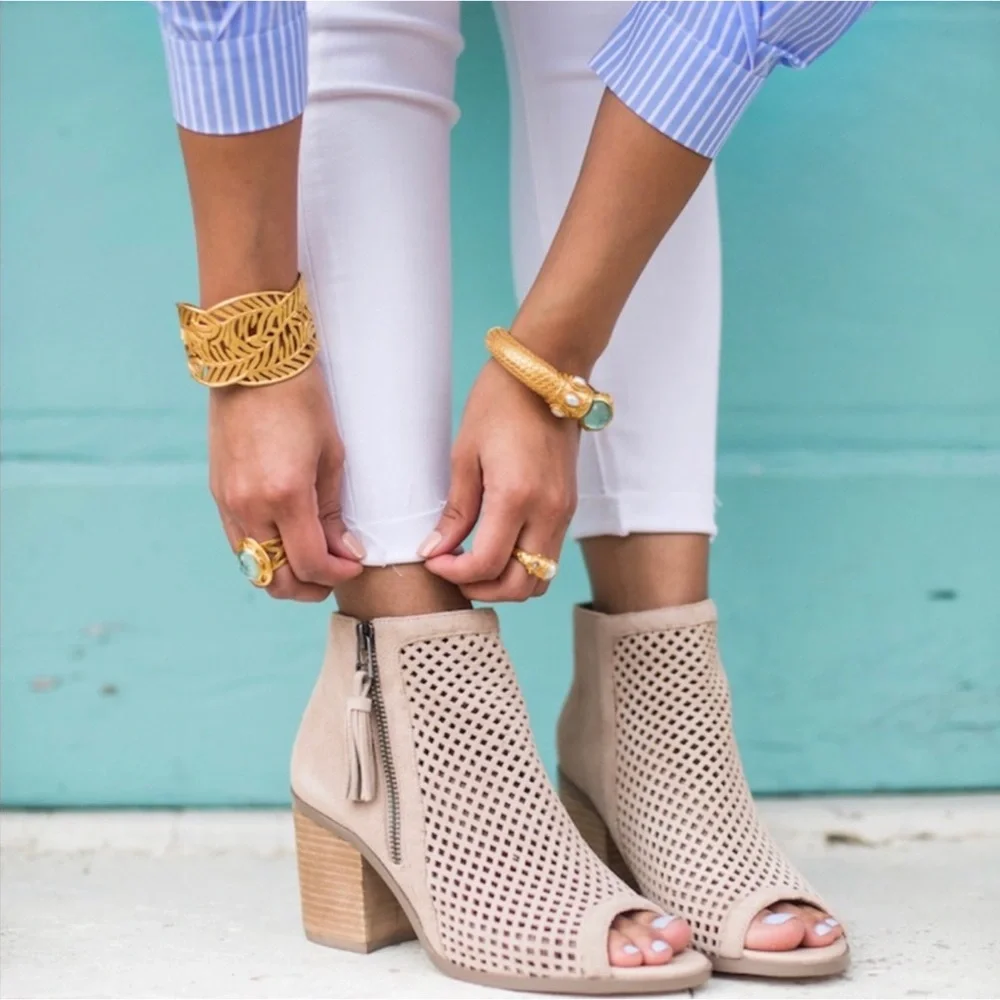 Perforated Tassel Zip Open Peep Toe Booties - Picture 1 of 10
